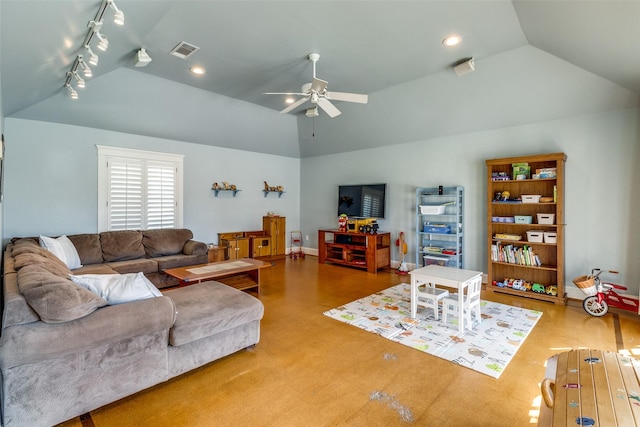 living area with lofted ceiling, rail lighting, visible vents, and ceiling fan