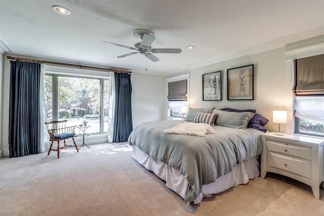 bedroom with light carpet, recessed lighting, a ceiling fan, and ornamental molding