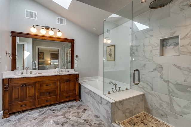 full bathroom with visible vents, a stall shower, and a garden tub