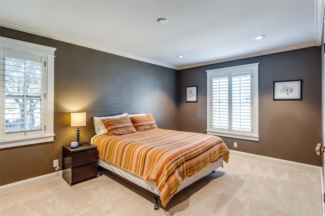 carpeted bedroom with crown molding, recessed lighting, and baseboards