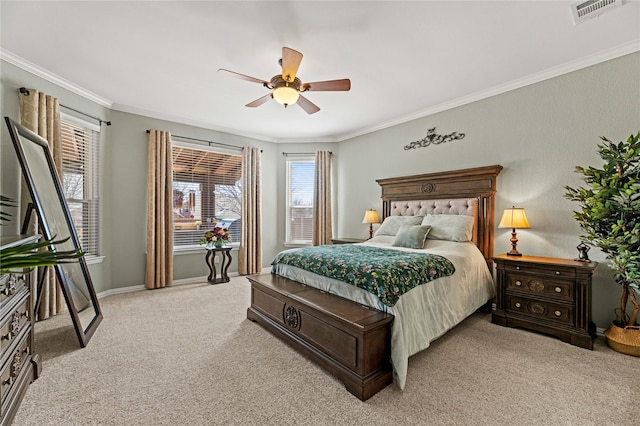 bedroom featuring visible vents, light colored carpet, a ceiling fan, and ornamental molding