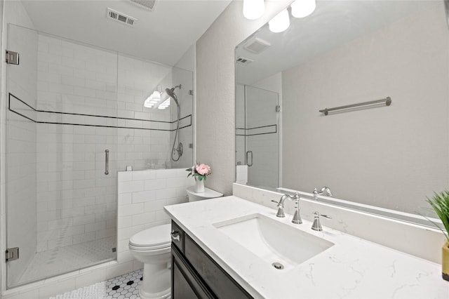 full bath with vanity, visible vents, a stall shower, tile patterned flooring, and toilet