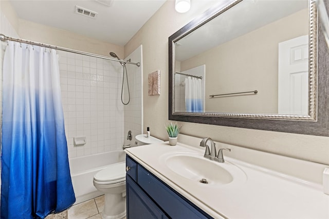 full bathroom with tile patterned floors, visible vents, shower / bathtub combination with curtain, toilet, and vanity