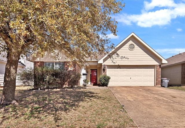 ranch-style house featuring driveway, brick siding, and an attached garage