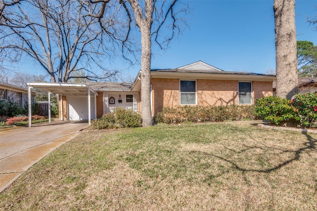 ranch-style home featuring driveway, a front lawn, a carport, and brick siding