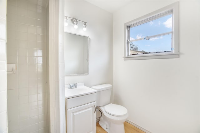 bathroom featuring vanity, toilet, and wood finished floors