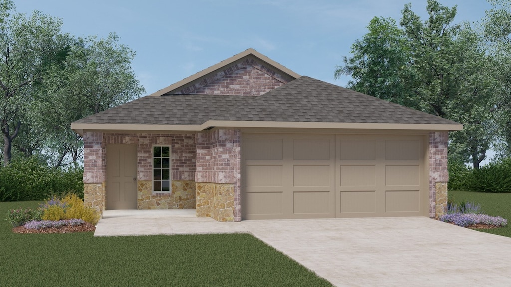 ranch-style house with concrete driveway, an outdoor structure, brick siding, and roof with shingles