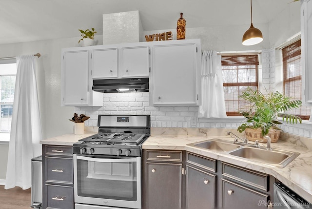 kitchen featuring backsplash, under cabinet range hood, hanging light fixtures, stainless steel appliances, and a sink