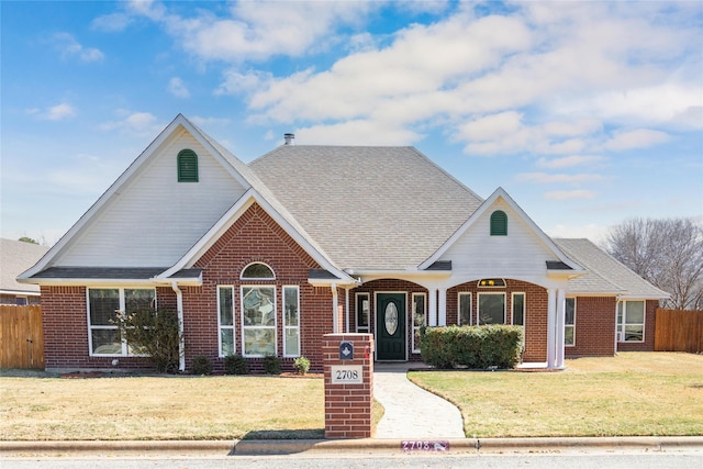 view of front of property featuring a front lawn, fence, brick siding, and a shingled roof