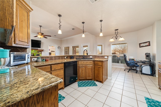 kitchen featuring backsplash, dishwasher, light tile patterned floors, brown cabinetry, and a sink