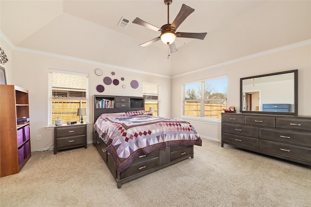 bedroom with crown molding, multiple windows, visible vents, and light carpet