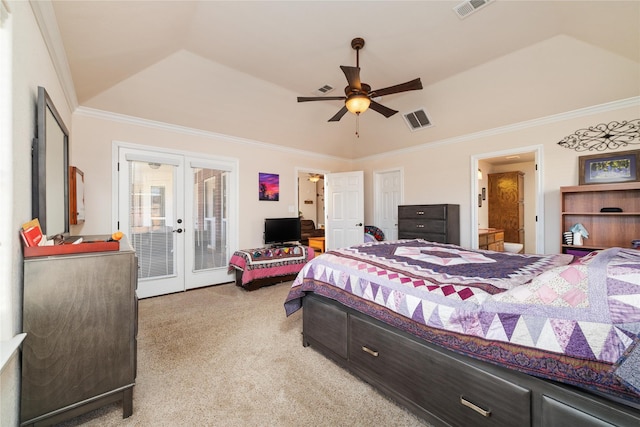 bedroom featuring light carpet, visible vents, french doors, and ornamental molding