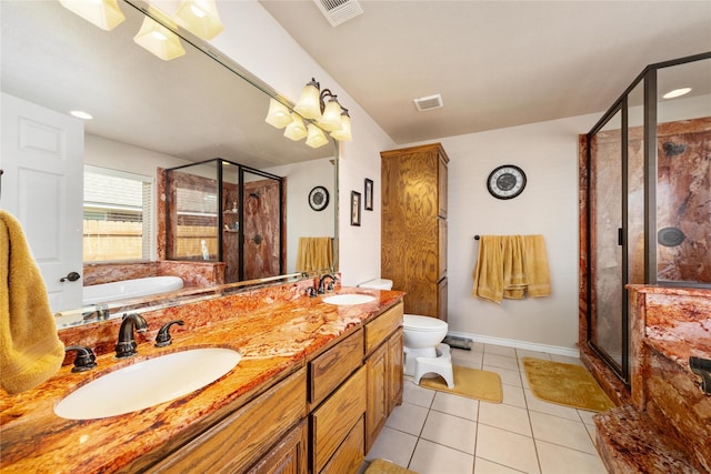 bathroom featuring tile patterned flooring, visible vents, a shower stall, and a sink