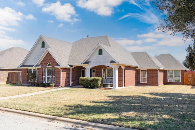 view of front facade with a front yard, fence, brick siding, and a shingled roof