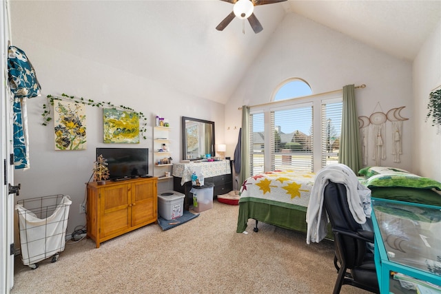 bedroom featuring carpet flooring, a ceiling fan, and high vaulted ceiling