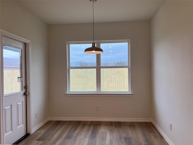 unfurnished dining area with baseboards and wood finished floors