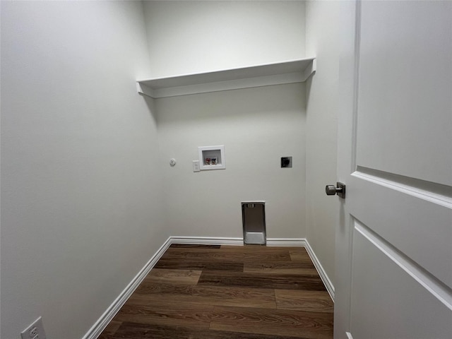 laundry area featuring wood finished floors, baseboards, laundry area, electric dryer hookup, and washer hookup