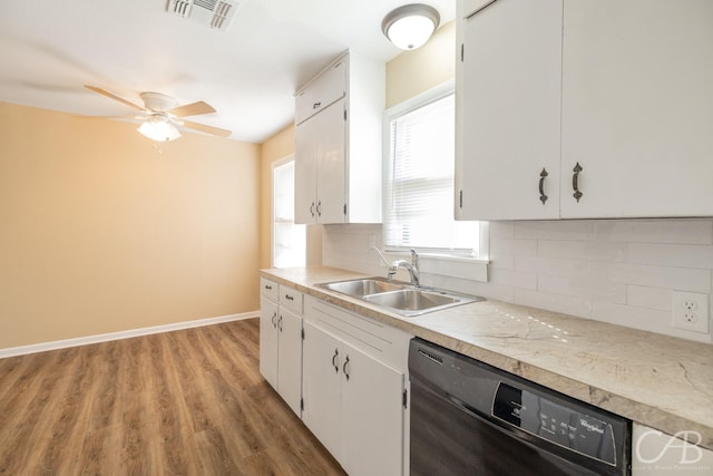 kitchen featuring a sink, visible vents, tasteful backsplash, and dishwasher