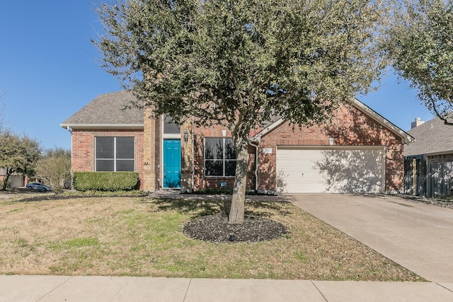 obstructed view of property featuring brick siding, a garage, concrete driveway, and a front lawn
