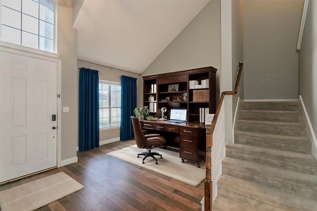 713 Cross Meadow Blvd, Mansfield, TX 76063 - office featuring high vaulted ceiling, hardwood / wood-style floors, and baseboards