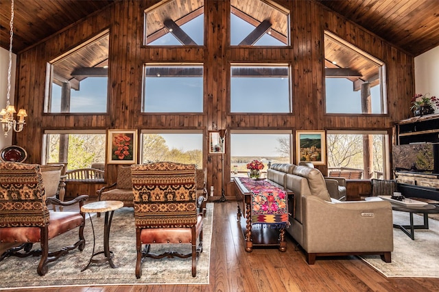 living room featuring wooden walls, wood ceiling, high vaulted ceiling, and hardwood / wood-style flooring