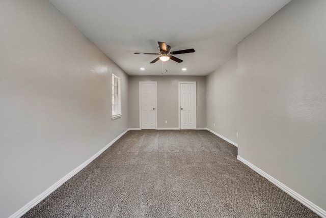 unfurnished room featuring carpet flooring, recessed lighting, baseboards, and ceiling fan