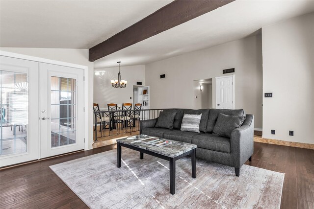 living area featuring vaulted ceiling with beams, baseboards, dark wood finished floors, french doors, and an inviting chandelier