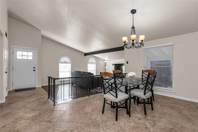 dining room featuring tile patterned floors, baseboards, a notable chandelier, and vaulted ceiling with beams