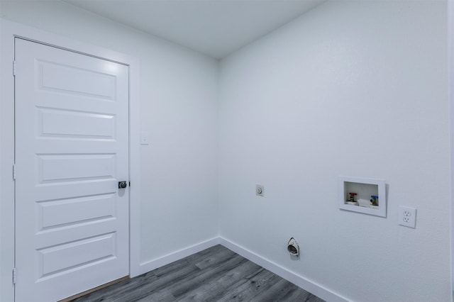 clothes washing area featuring electric dryer hookup, dark wood-style floors, baseboards, hookup for a washing machine, and laundry area