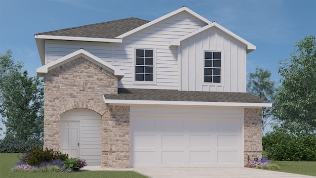 view of front of house with brick siding, board and batten siding, roof with shingles, a garage, and driveway