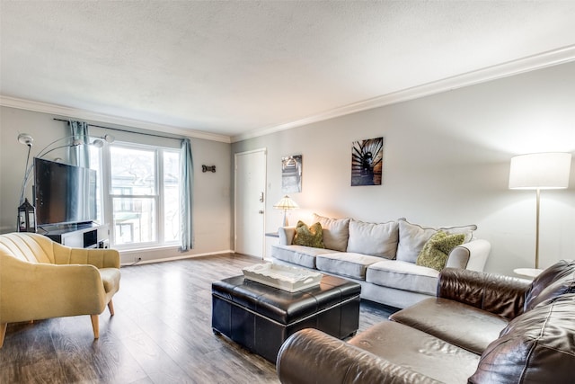 living area with baseboards, wood finished floors, a textured ceiling, and ornamental molding