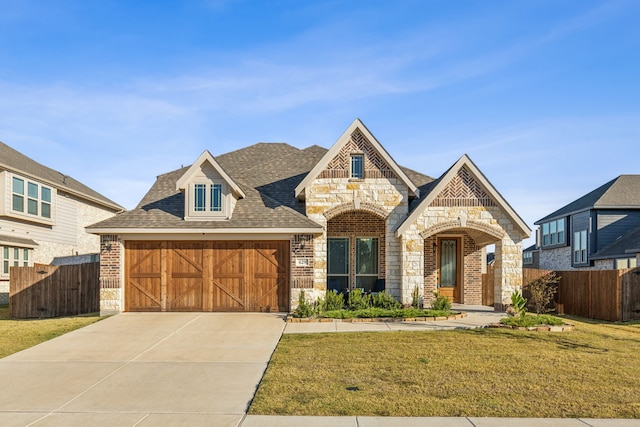 view of front of property featuring a front lawn, driveway, stone siding, fence, and brick siding