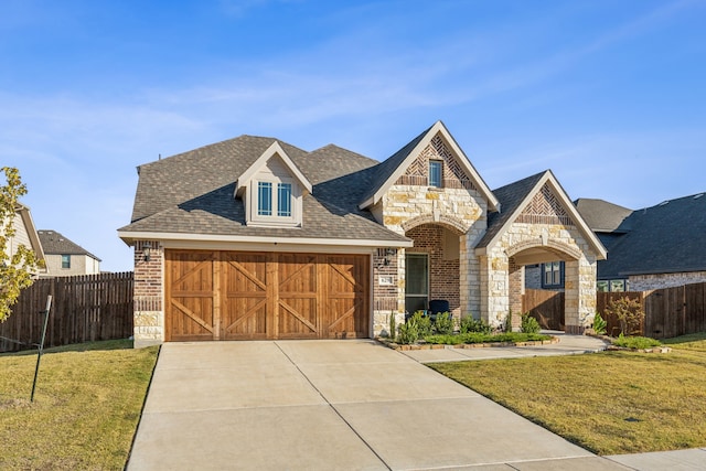 french country style house featuring concrete driveway, a front lawn, and fence