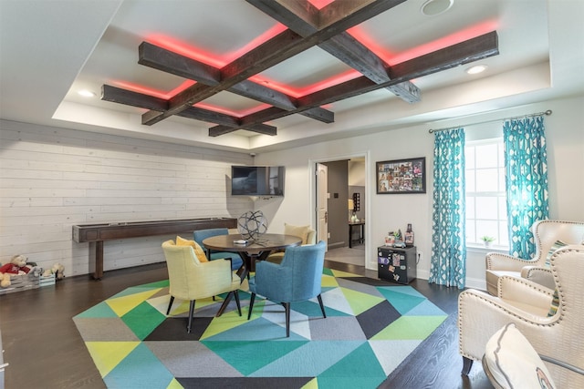 dining area featuring beamed ceiling, recessed lighting, baseboards, and coffered ceiling