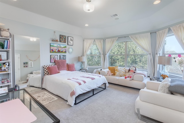 bedroom featuring carpet flooring, recessed lighting, and visible vents