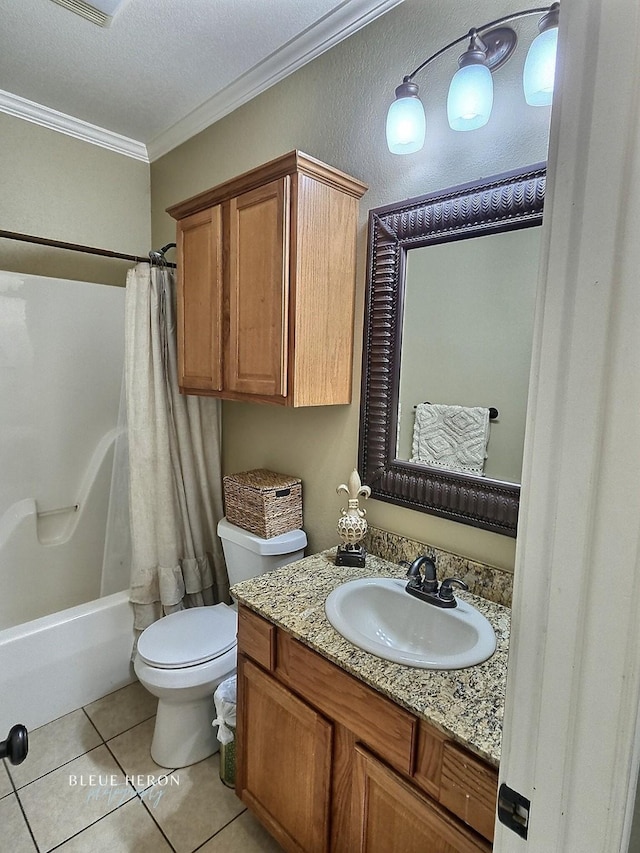 bathroom with vanity, shower / bathtub combination with curtain, ornamental molding, tile patterned flooring, and toilet