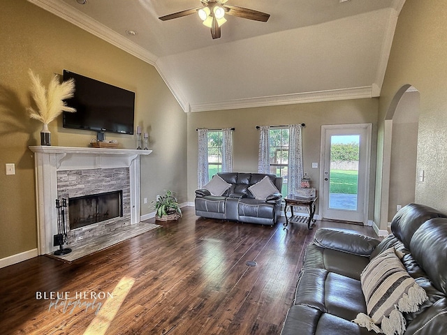 living area with baseboards, lofted ceiling, ornamental molding, a fireplace, and wood finished floors