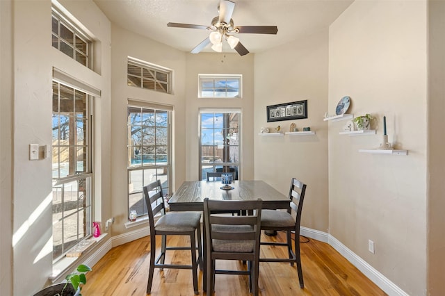 dining room with light wood finished floors, a ceiling fan, and baseboards