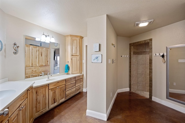 full bath featuring baseboards, walk in shower, finished concrete flooring, and vanity