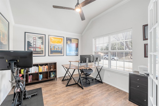 office with lofted ceiling, ornamental molding, and light wood finished floors