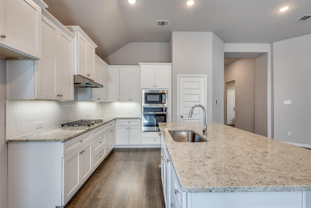 kitchen with visible vents, under cabinet range hood, an island with sink, stainless steel appliances, and a sink