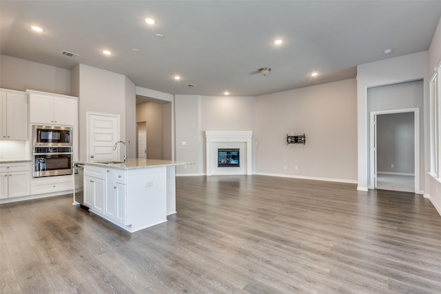 kitchen featuring a sink, wood finished floors, open floor plan, recessed lighting, and stainless steel appliances