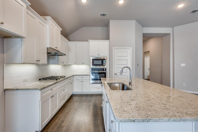 3007 Milton Dr, Melissa, TX 75454 - kitchen featuring wood finished floors, open floor plan, white cabinets, a sink, and appliances with stainless steel finishes