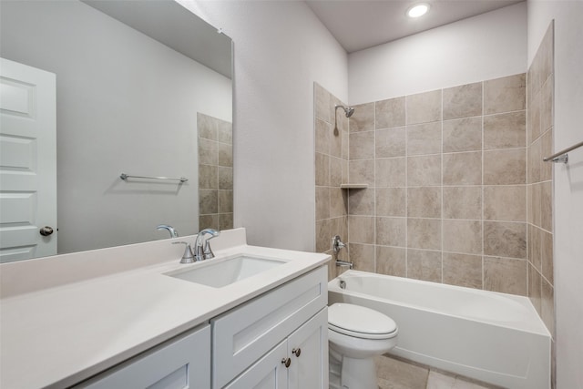 full bathroom with recessed lighting, vanity, toilet, and washtub / shower combination