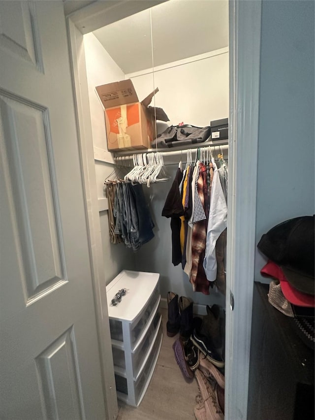 walk in closet with wood finished floors