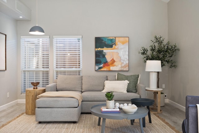 living area featuring baseboards and light wood-style floors