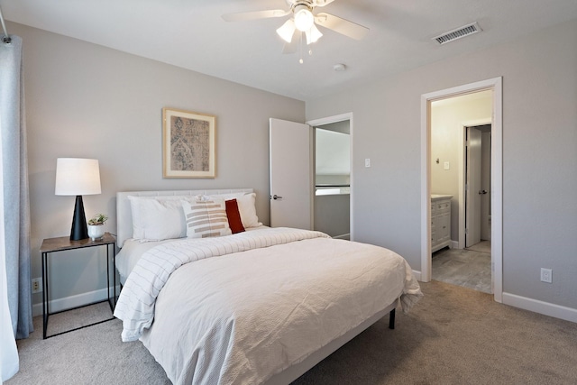 bedroom with ceiling fan, baseboards, visible vents, and light carpet