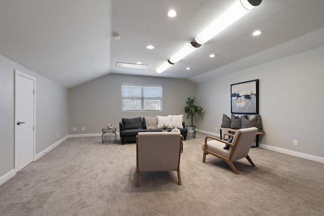 living room with recessed lighting, baseboards, lofted ceiling, and light colored carpet