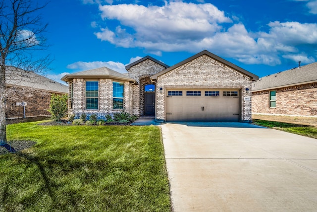 french provincial home with brick siding, a front lawn, concrete driveway, and a garage