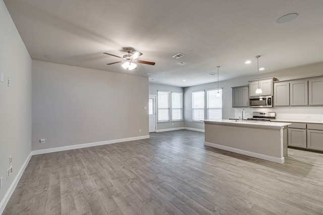 kitchen with stainless steel appliances, gray cabinetry, and open floor plan